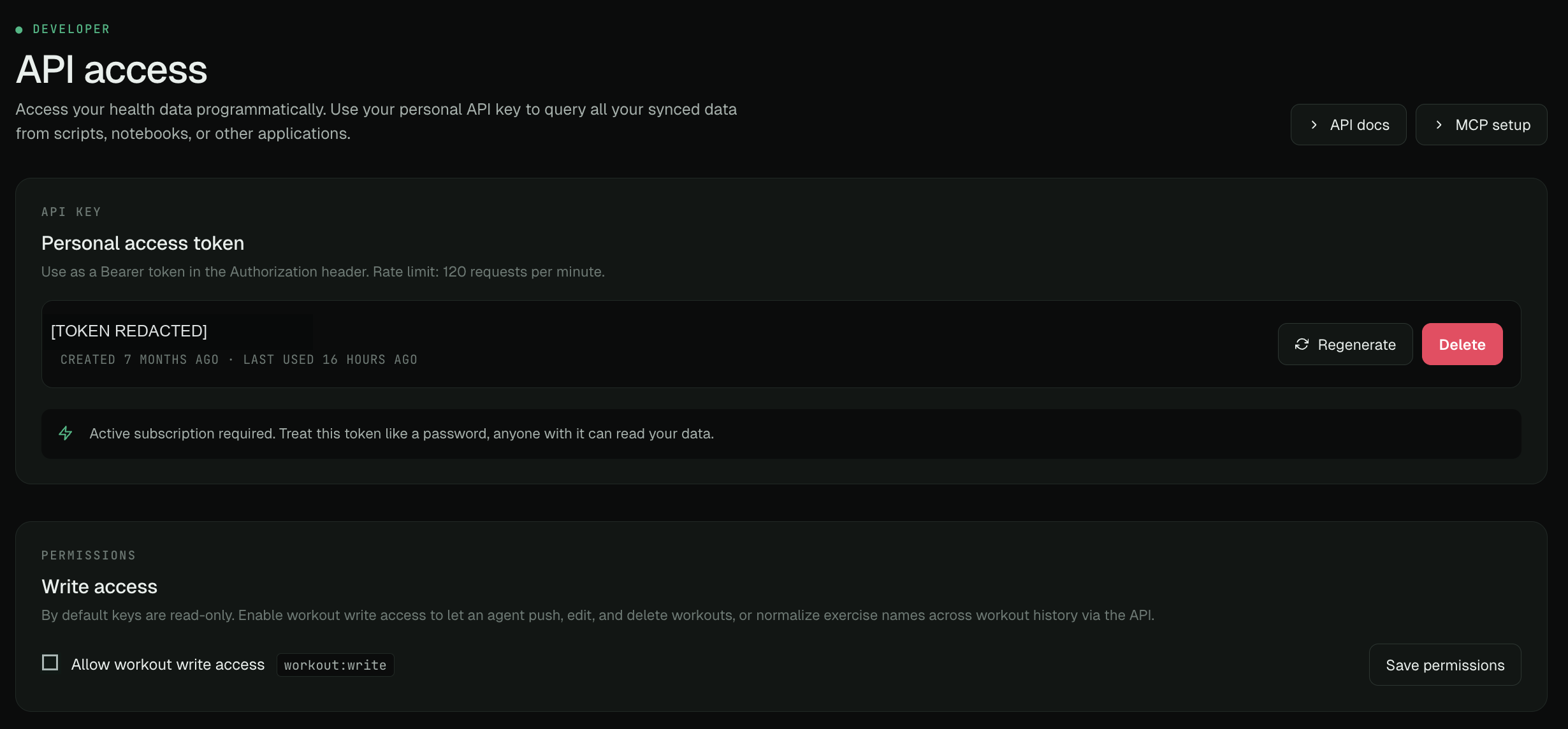 VitalTrends API access page with the token redacted. Keep workout write access off for read-only use.