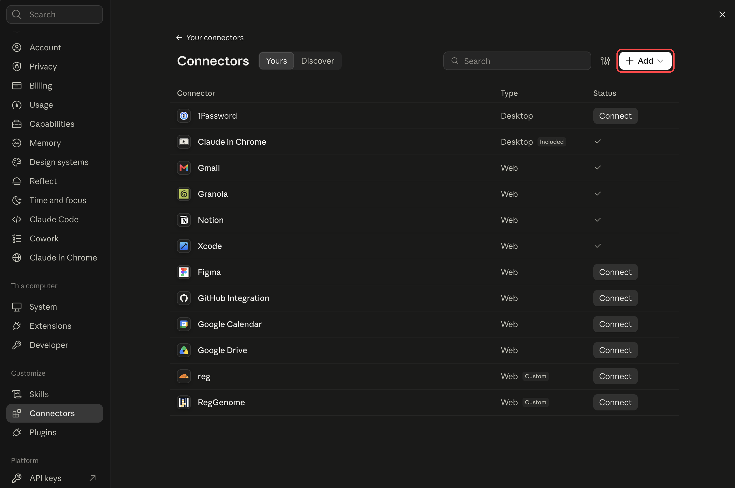 Claude Settings with the Add control highlighted in the Connectors section.