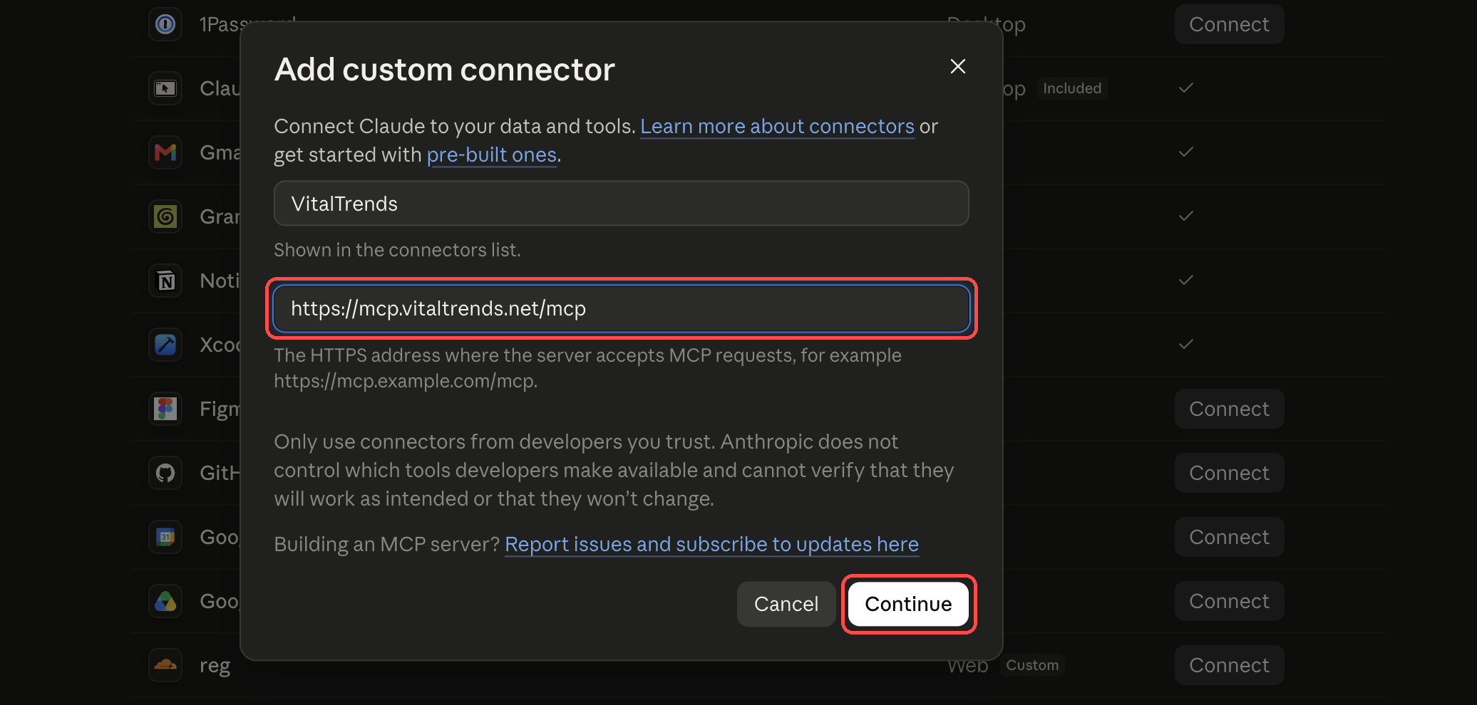Claude Add custom connector form with the VitalTrends name, server URL and Continue button highlighted.
