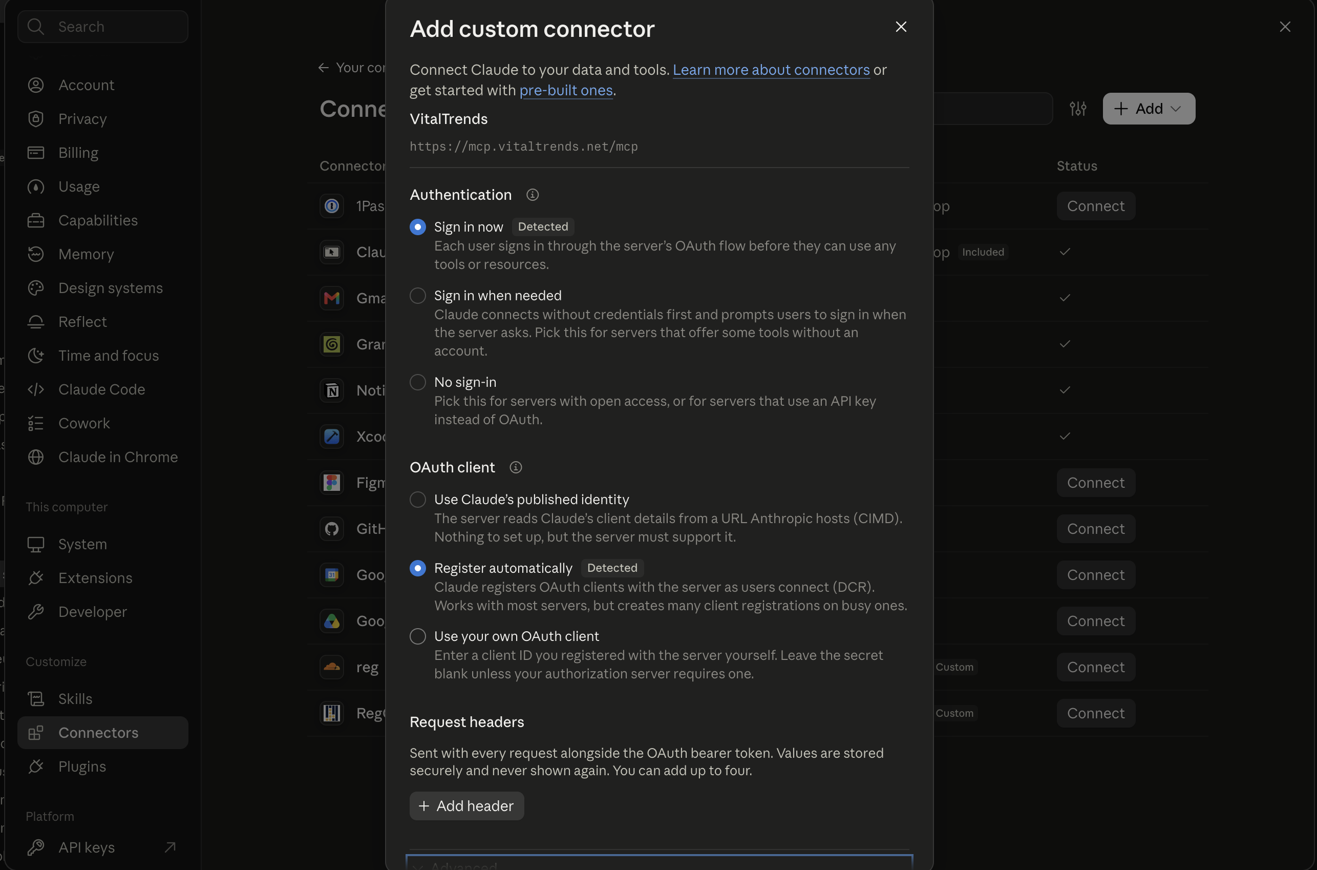 Claude custom connector authentication settings for VitalTrends.