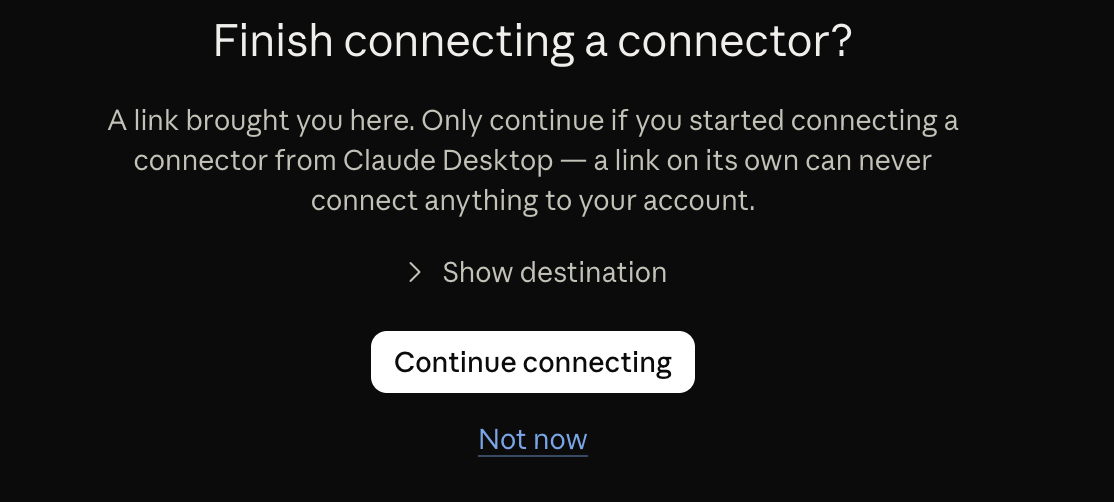 Claude confirmation page before continuing the connector setup.