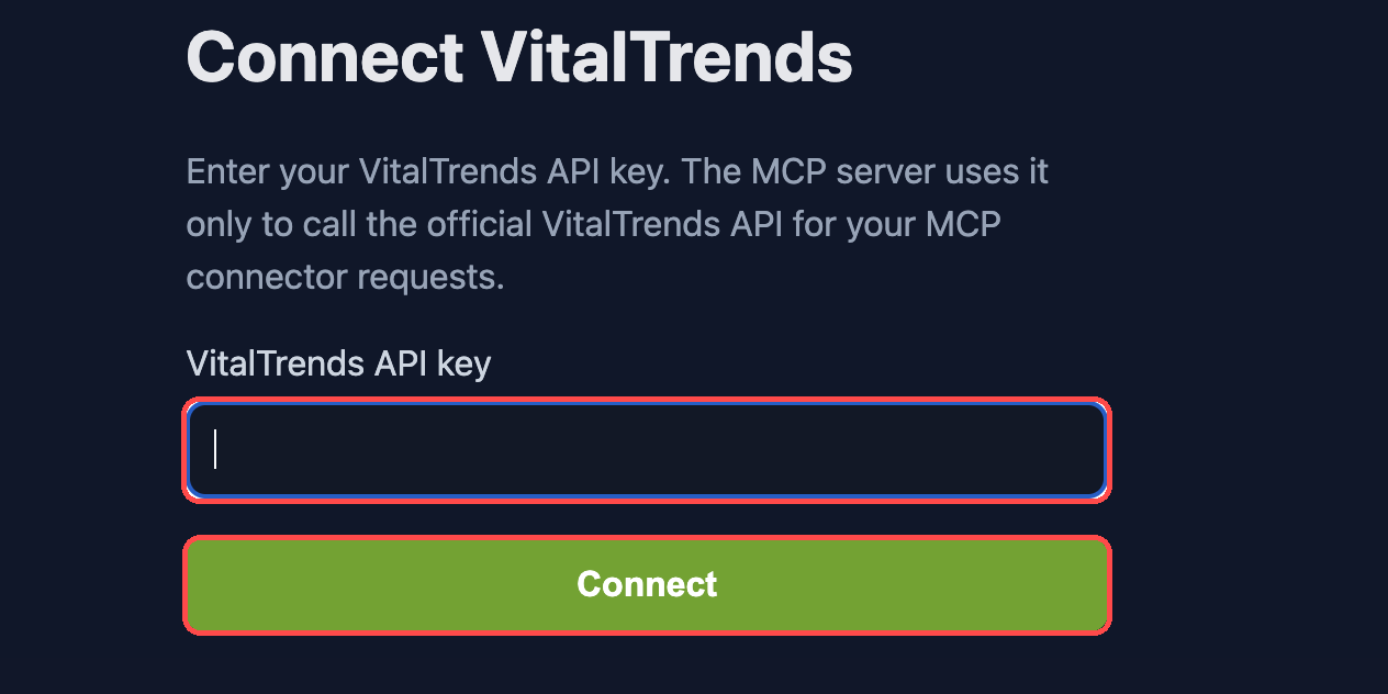 VitalTrends API-key entry page with the key field and Connect button highlighted.
